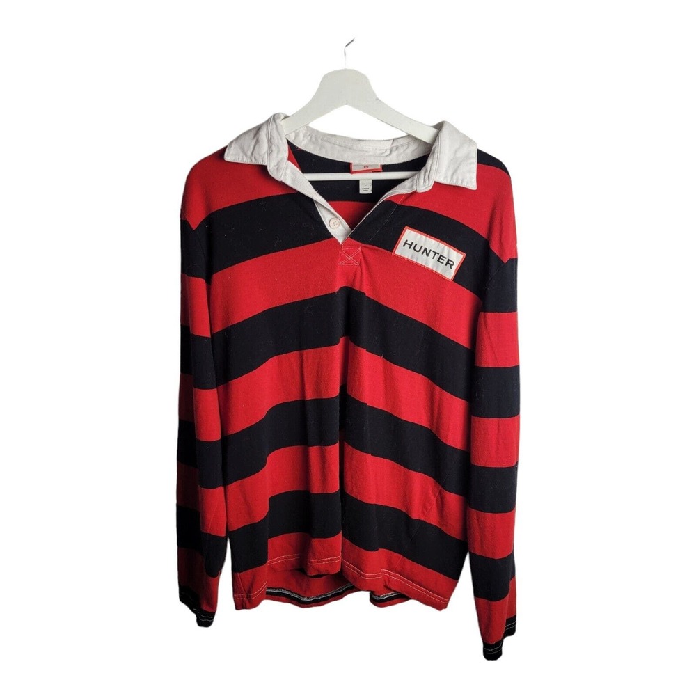 Hunter Men's L Large Striped Red Black Target Long Sleeve Polo Shirt Valentine's